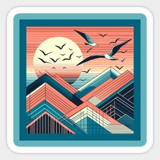 Geometric sunset landscape, square framed Sticker